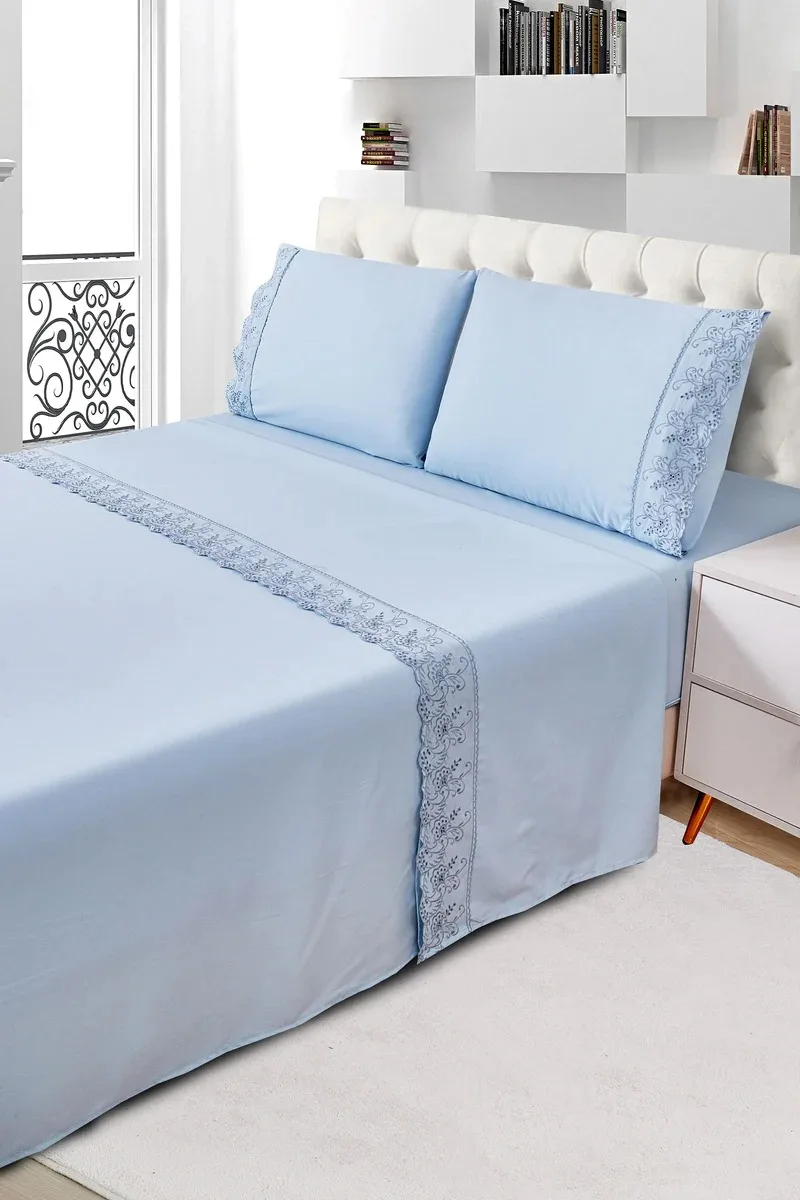 JOGO DE CAMA BORDADO INGLÊS - AZUL