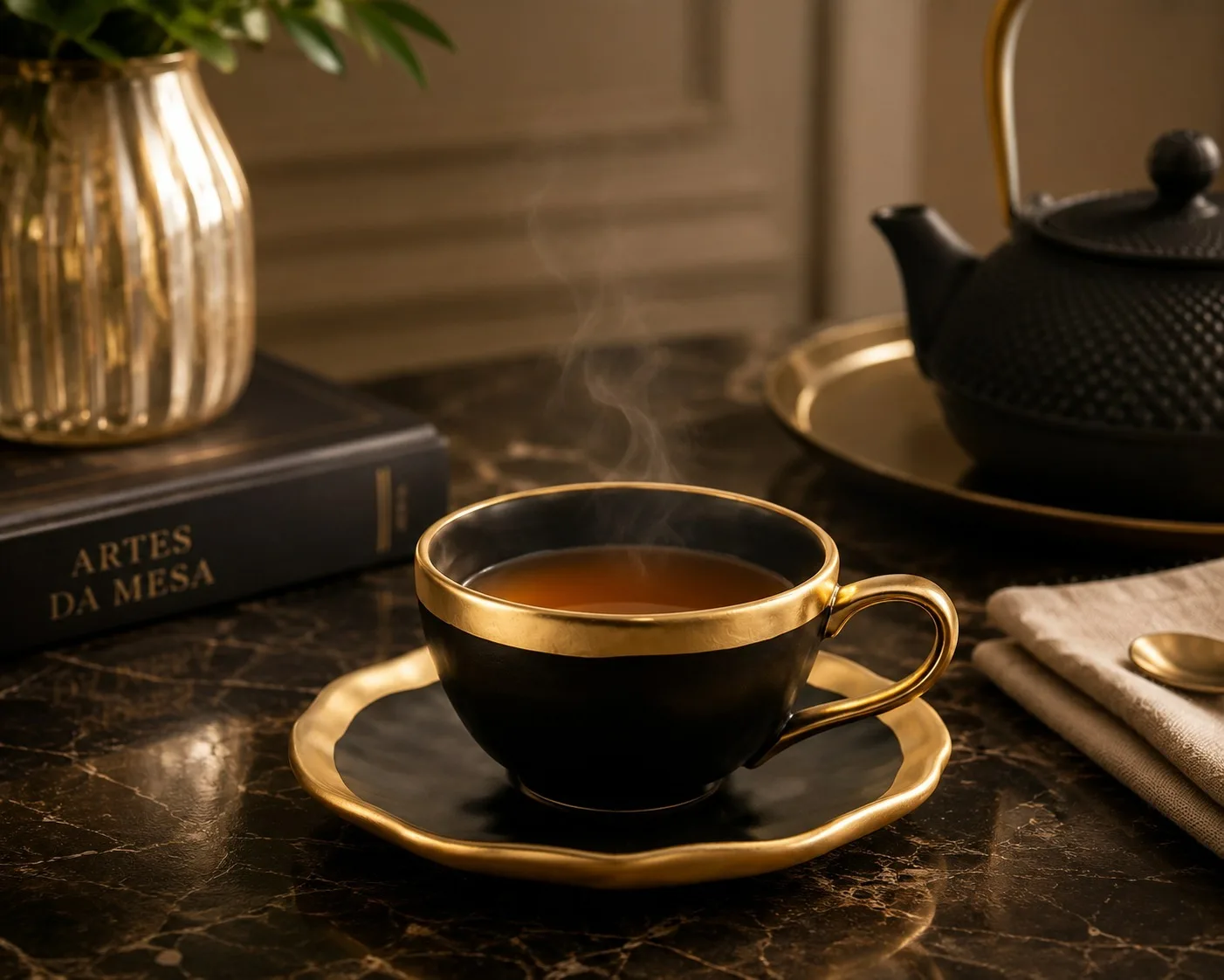 XÍCARA DE CHÁ PORCELANA DUBAI PRETO E DOURADO