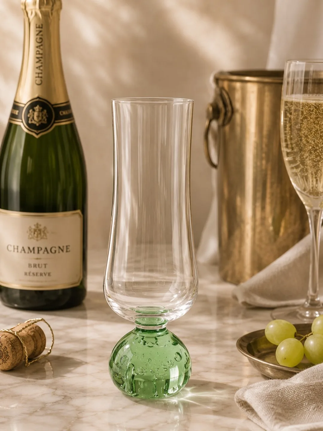 JOGO 6 TAÇAS DE CHAMPAGNE COM BASE ESFERA VERDE