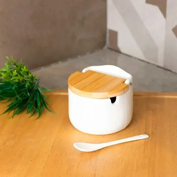 SALEIRO DE CERAMICA COM TAMPA DE BAMBU EM BRANCO