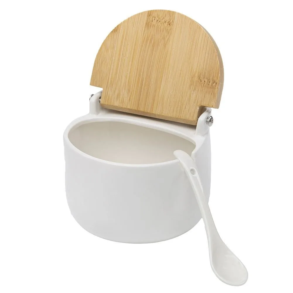 SALEIRO DE CERAMICA COM TAMPA DE BAMBU EM BRANCO