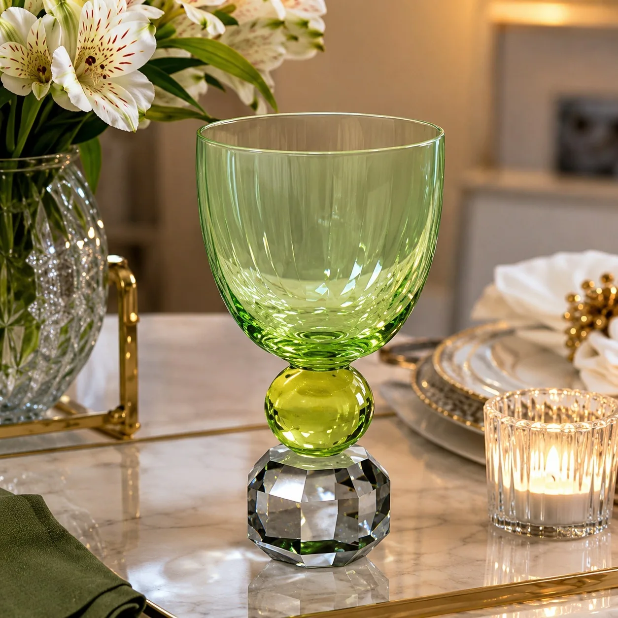 JOGO 6 TAÇAS BASE DIAMANTADAS E ESFERA EM CRISTAL VERDE E AMARELO