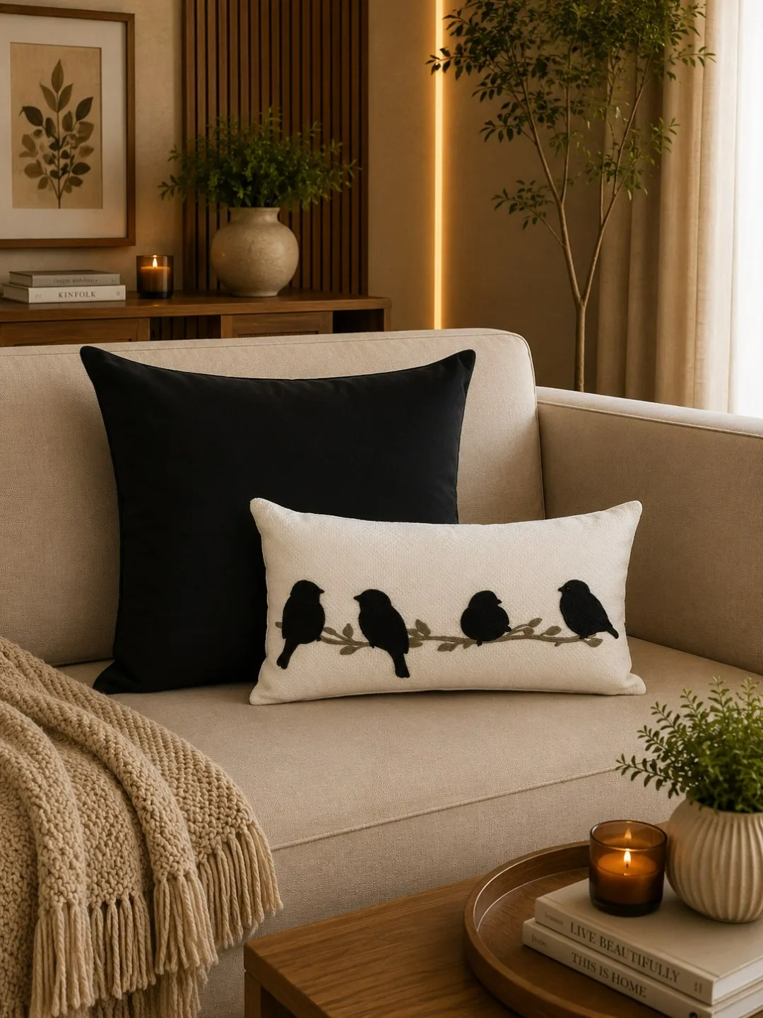 ALMOFADAS DECORATIVA PASSAROS EM PRETO