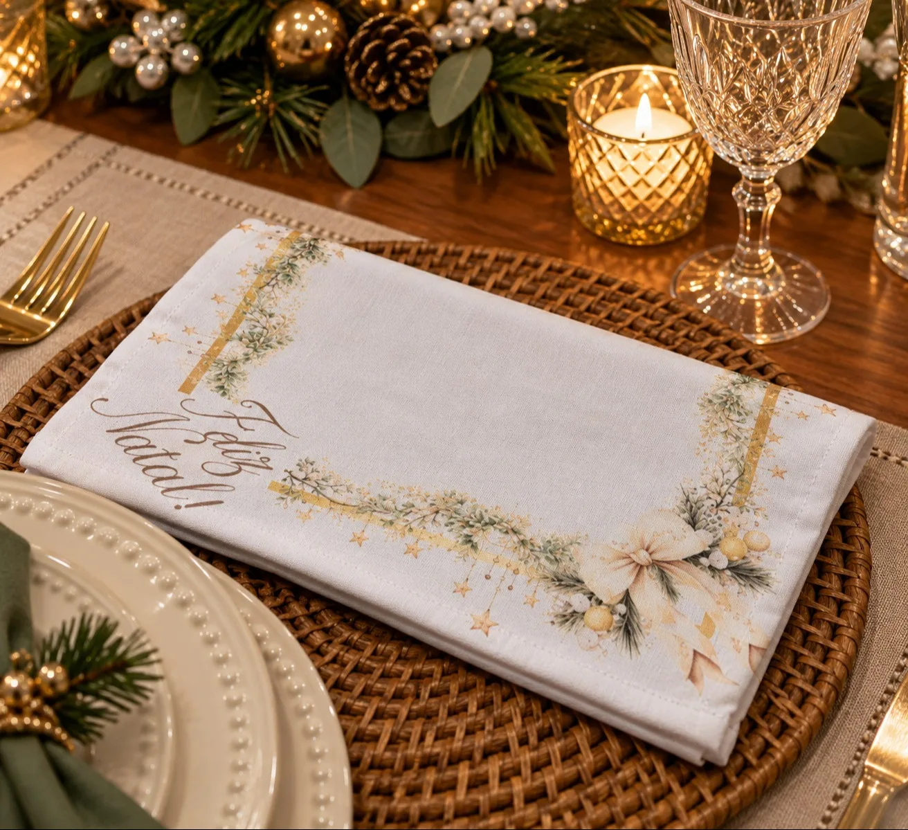 GUARDANAPO NATALINO - BRANCO E DOURADO
