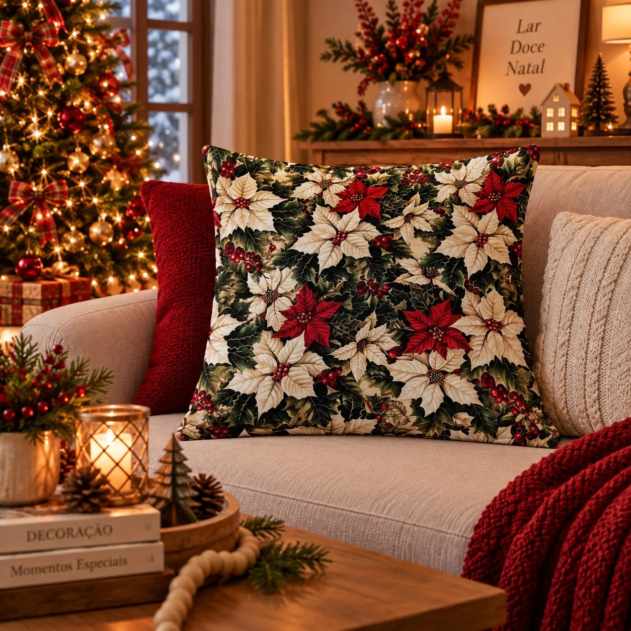 CAPA DE ALMOFADA NATALINA - FLORES DE NATAL