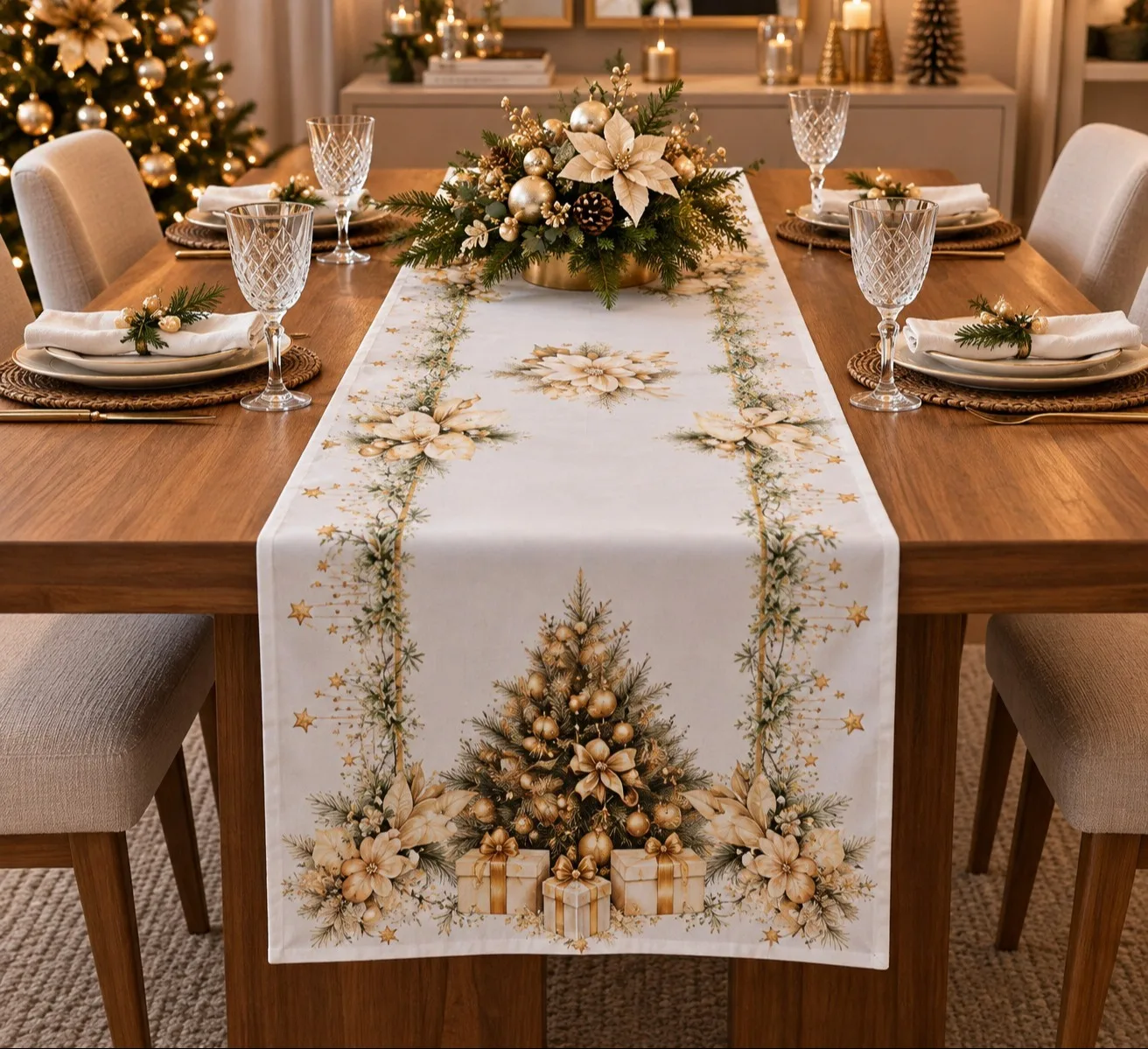 TRILHO DE MESA NATALINO - BRANCO E DOURADO