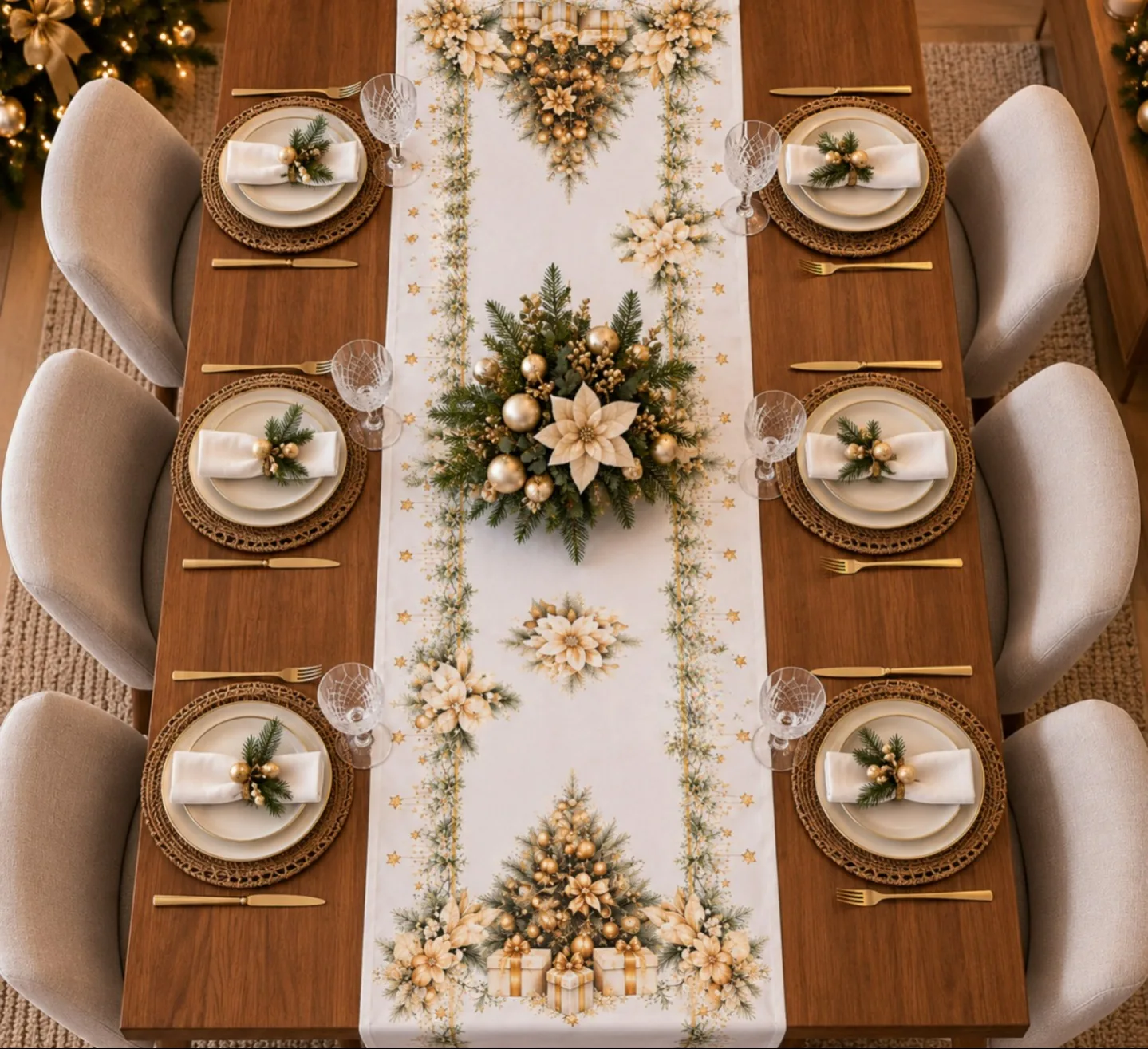 TRILHO DE MESA NATALINO - BRANCO E DOURADO