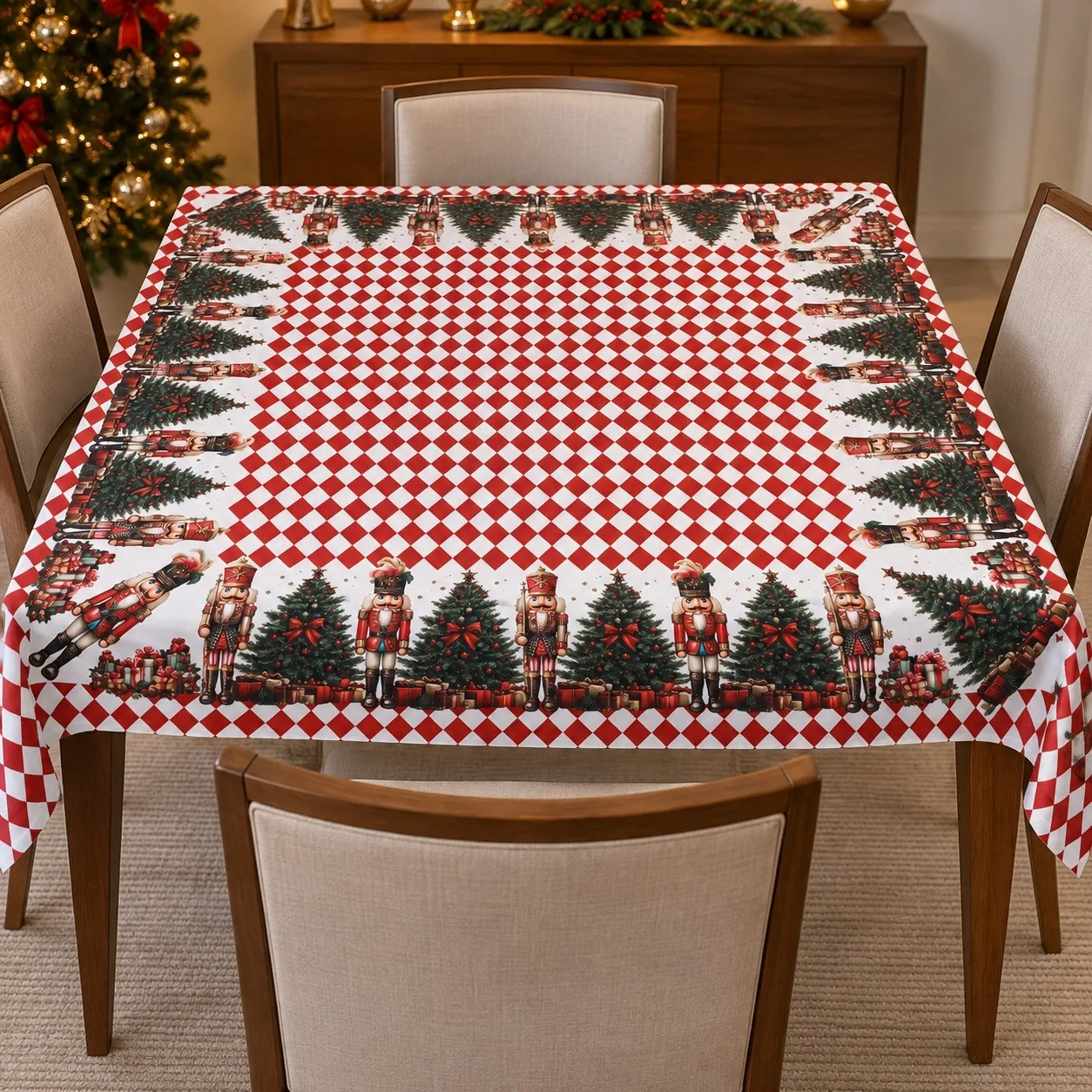 TOALHA DE MESA NATALINA - ARVORE DE NATAL E QUEBRA NOZES
