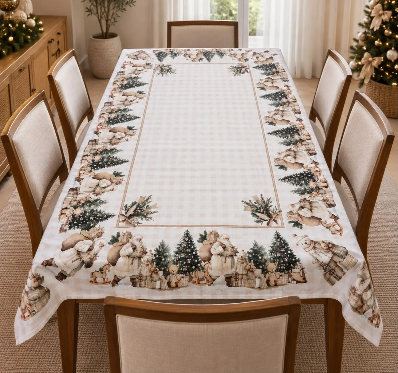 TOALHA DE MESA NATALINA - PAPAI NOEL E BRINQUEDOS
