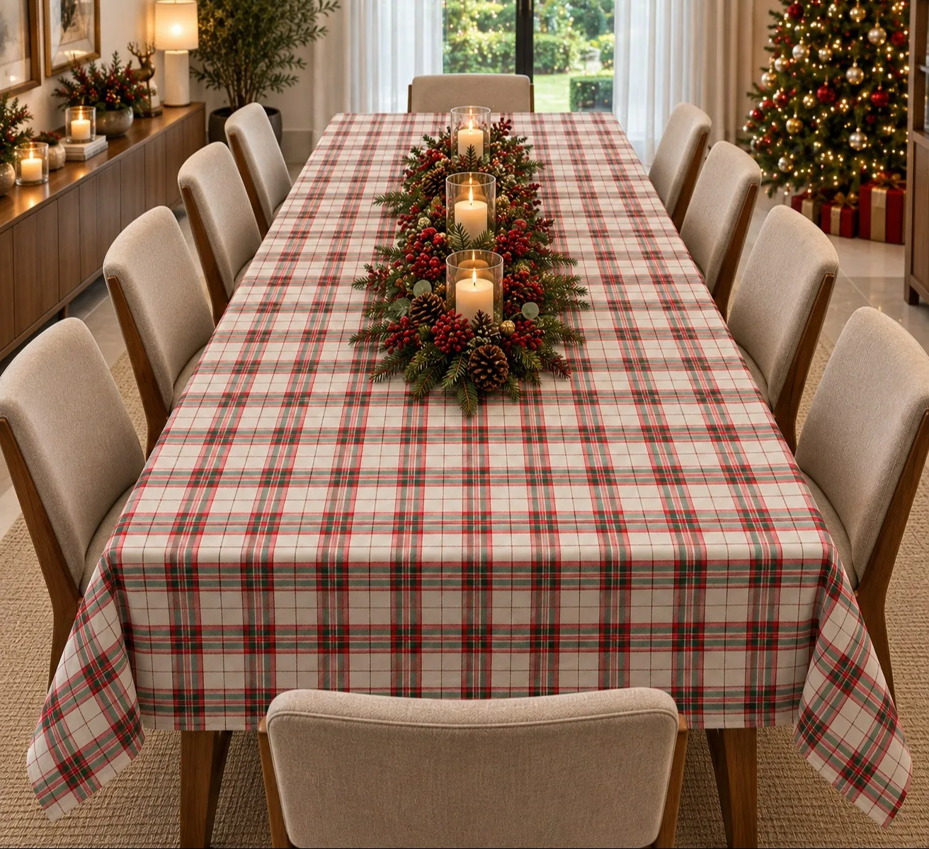 TOALHA DE MESA NATALINA - XADRES VERDE E VERMELHO