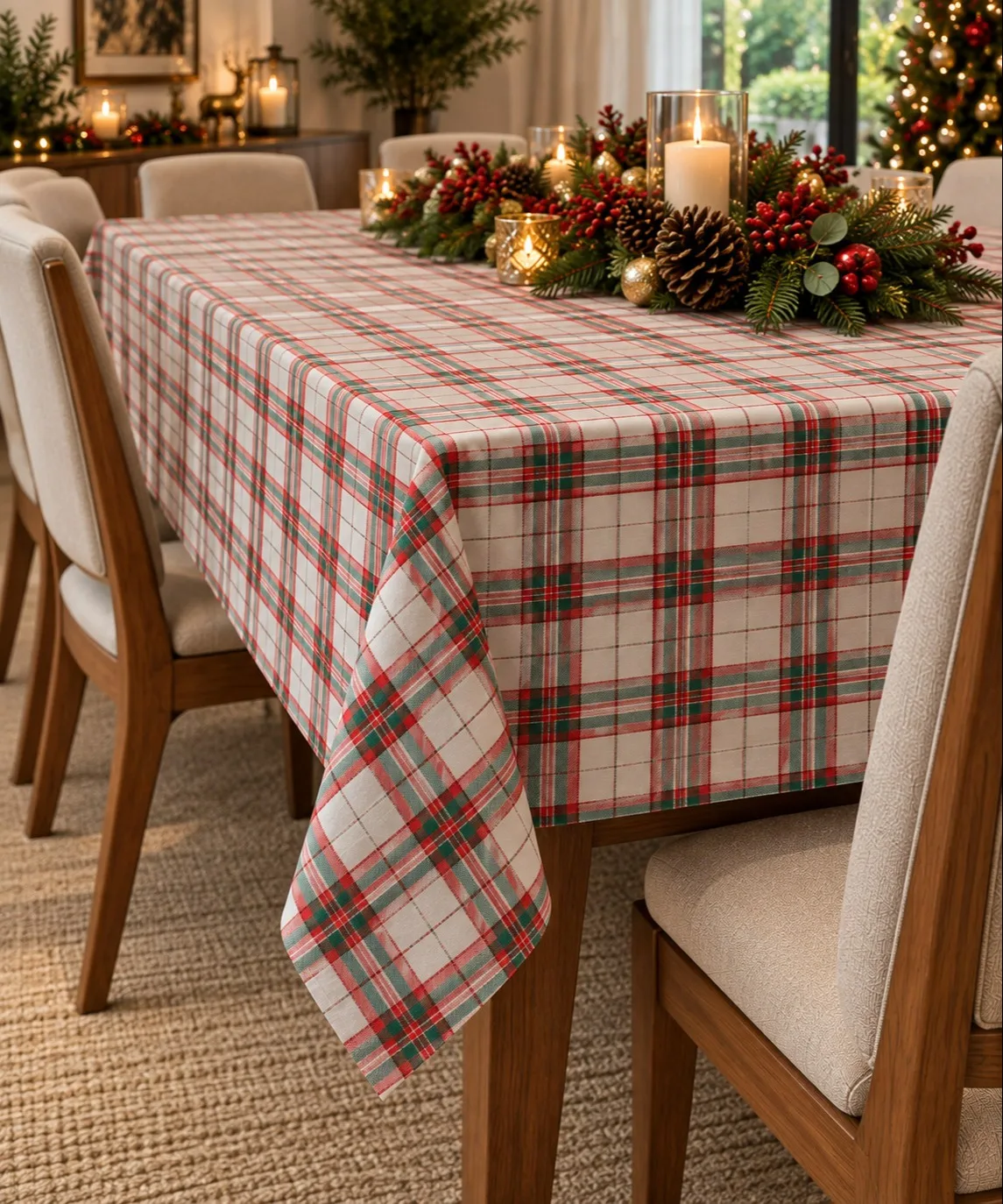 TOALHA DE MESA NATALINA - XADRES VERDE E VERMELHO