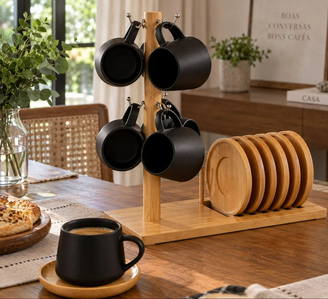 JOGO PARA CAFÉ OASIS PRETO - 6 XICARAS COM SUPORTE E PIRES