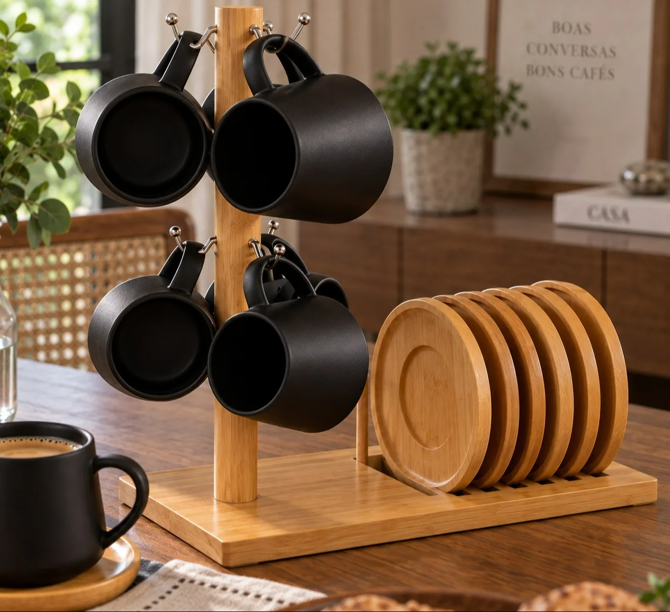 JOGO PARA CAFÉ OASIS PRETO - 6 XICARAS COM SUPORTE E PIRES
