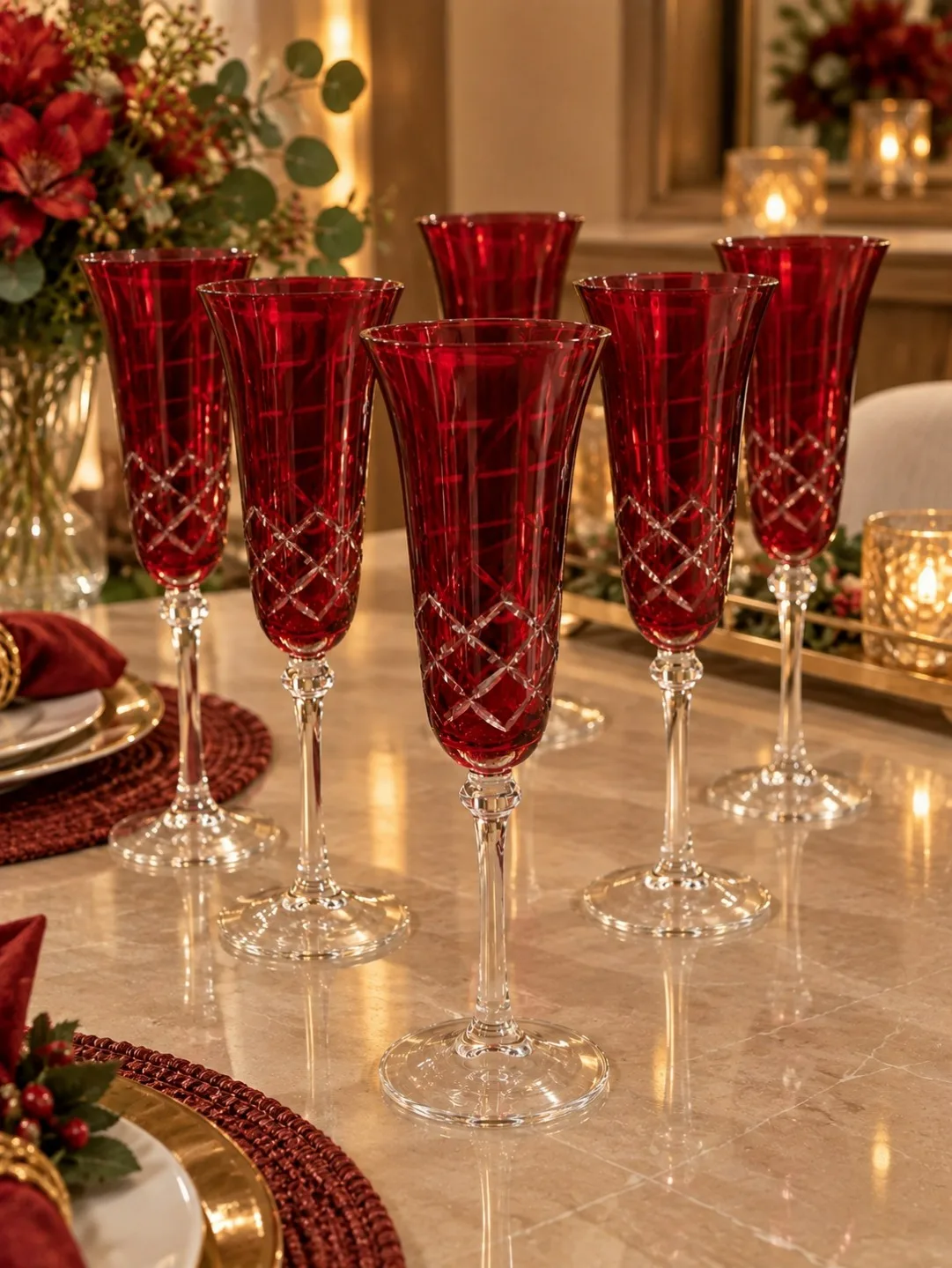 JOGO 6 TAÇAS CHAMPAGNE FACETADA EM VERMELHO
