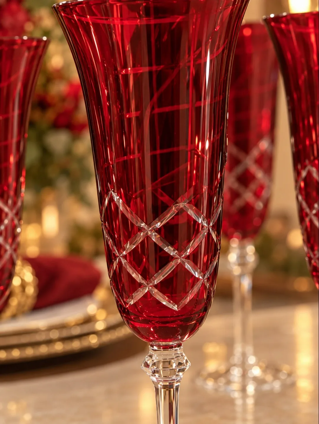 JOGO 6 TAÇAS CHAMPAGNE FACETADA EM VERMELHO